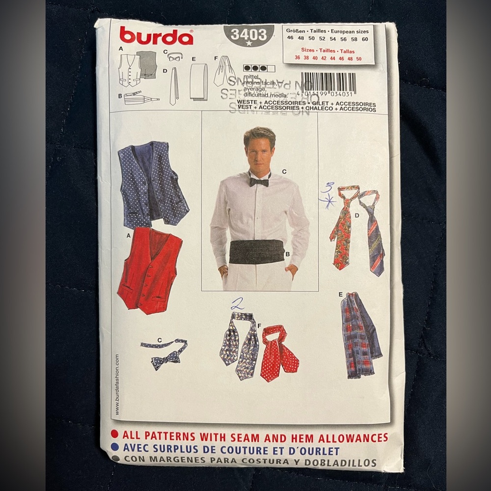 😀3 for $35./Burda pattern for men’s ties, vest, scarf & cummerbund.